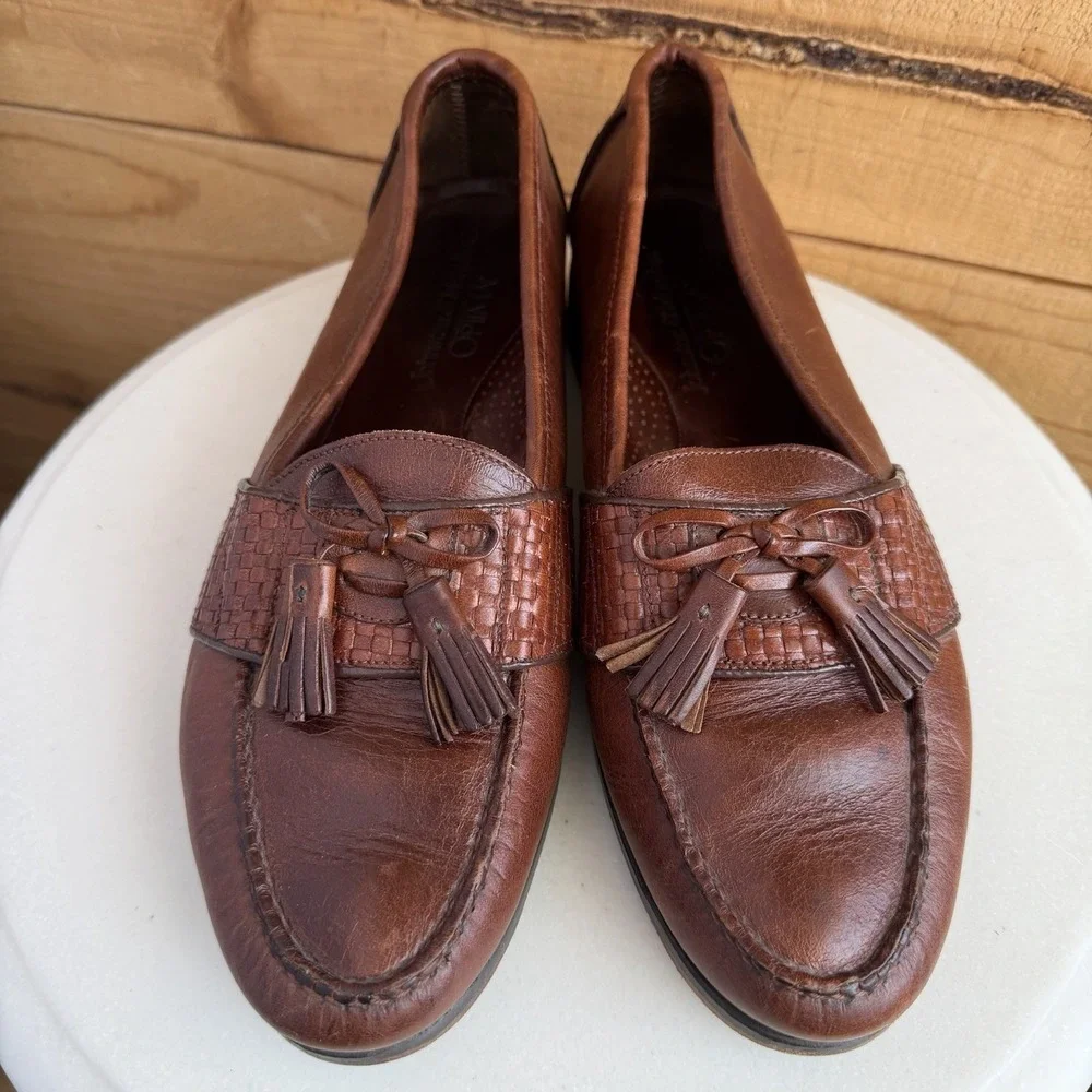 Johnston & Murphy Optima Leather Men's Loafers 9 D Brown Basket Weave Tassle VTG